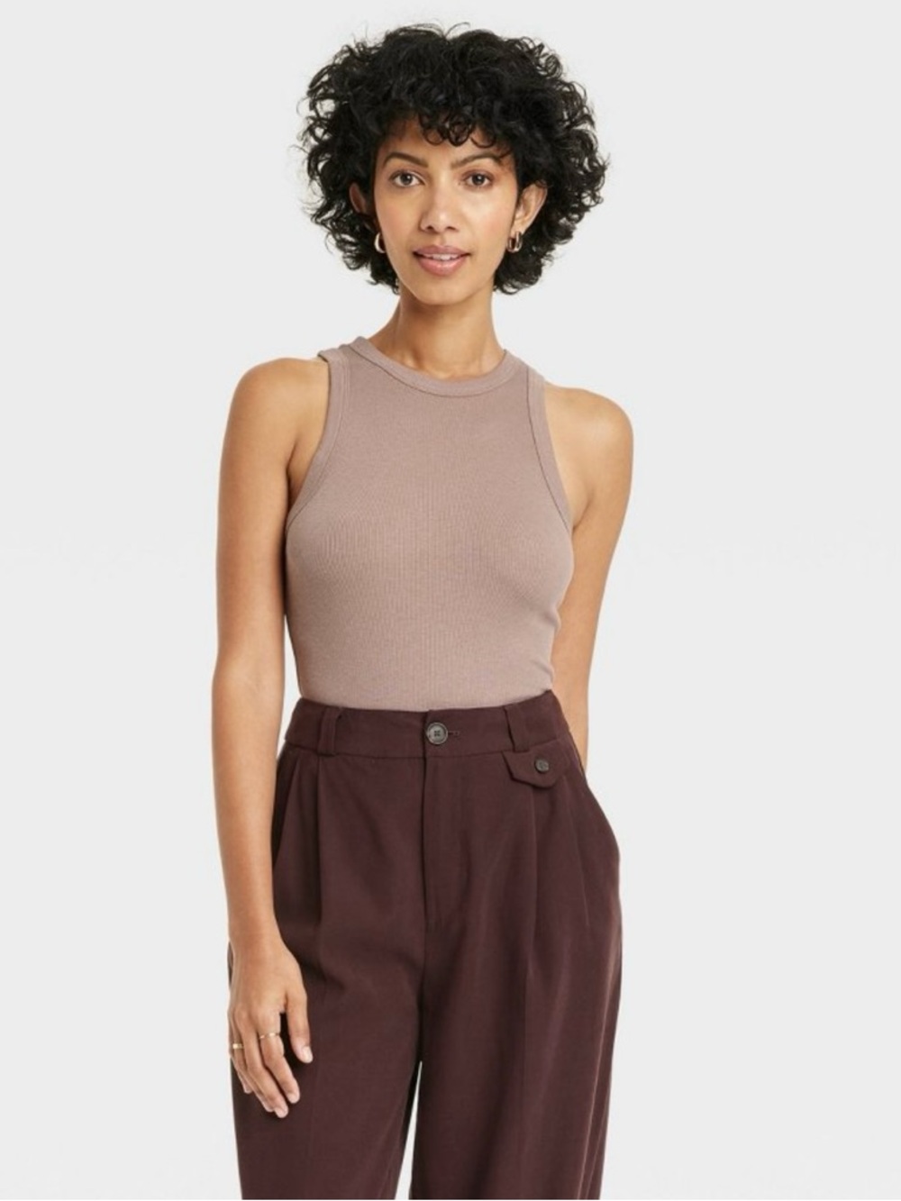 A New Day Brown Ribbed High Neck Tank Top XS | Soft Stretch Basic